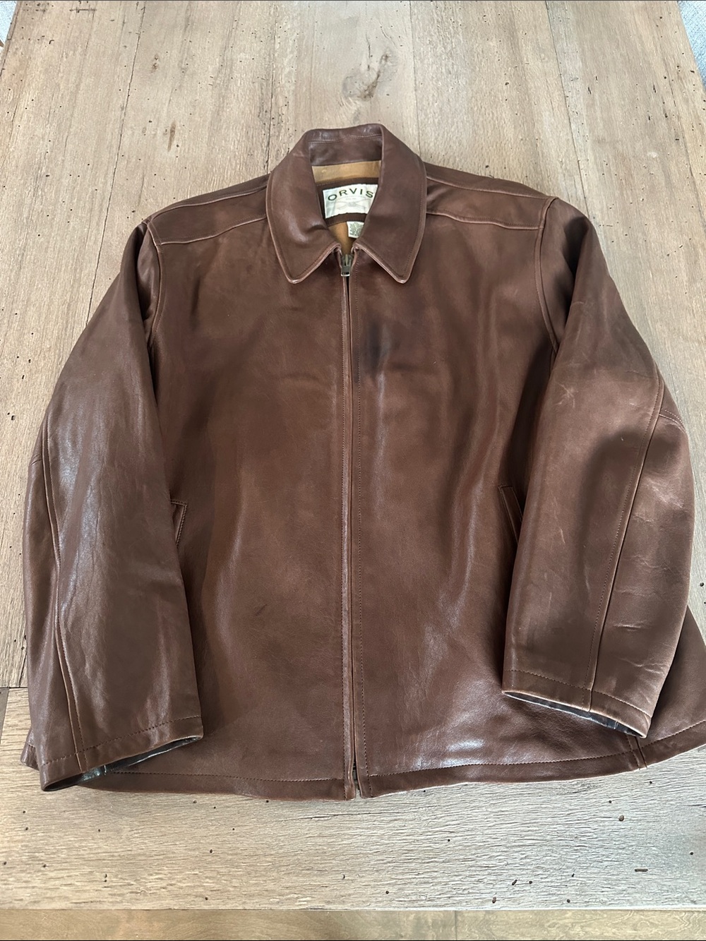 Orvis Brown Leather Zip-Front Bomber Leather Jacket